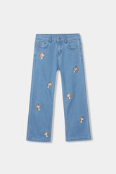 Girls Light Blue  Wide Leg Unicorn Embroidered Pant